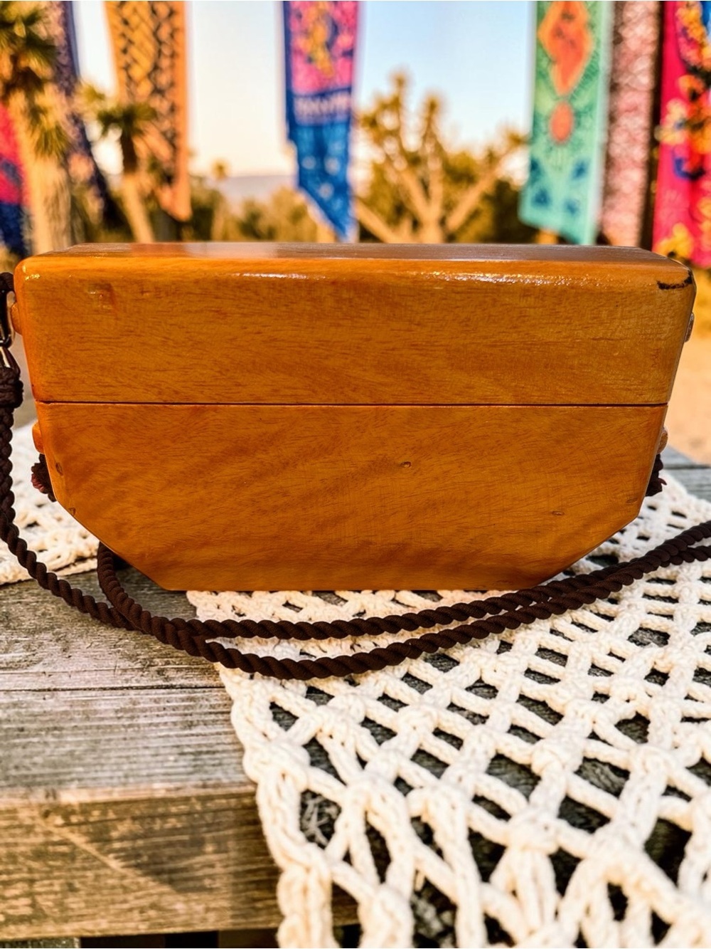 Mid-Century vintage sliding-lid honey brown wood box purse, Hippie Chic Artisan